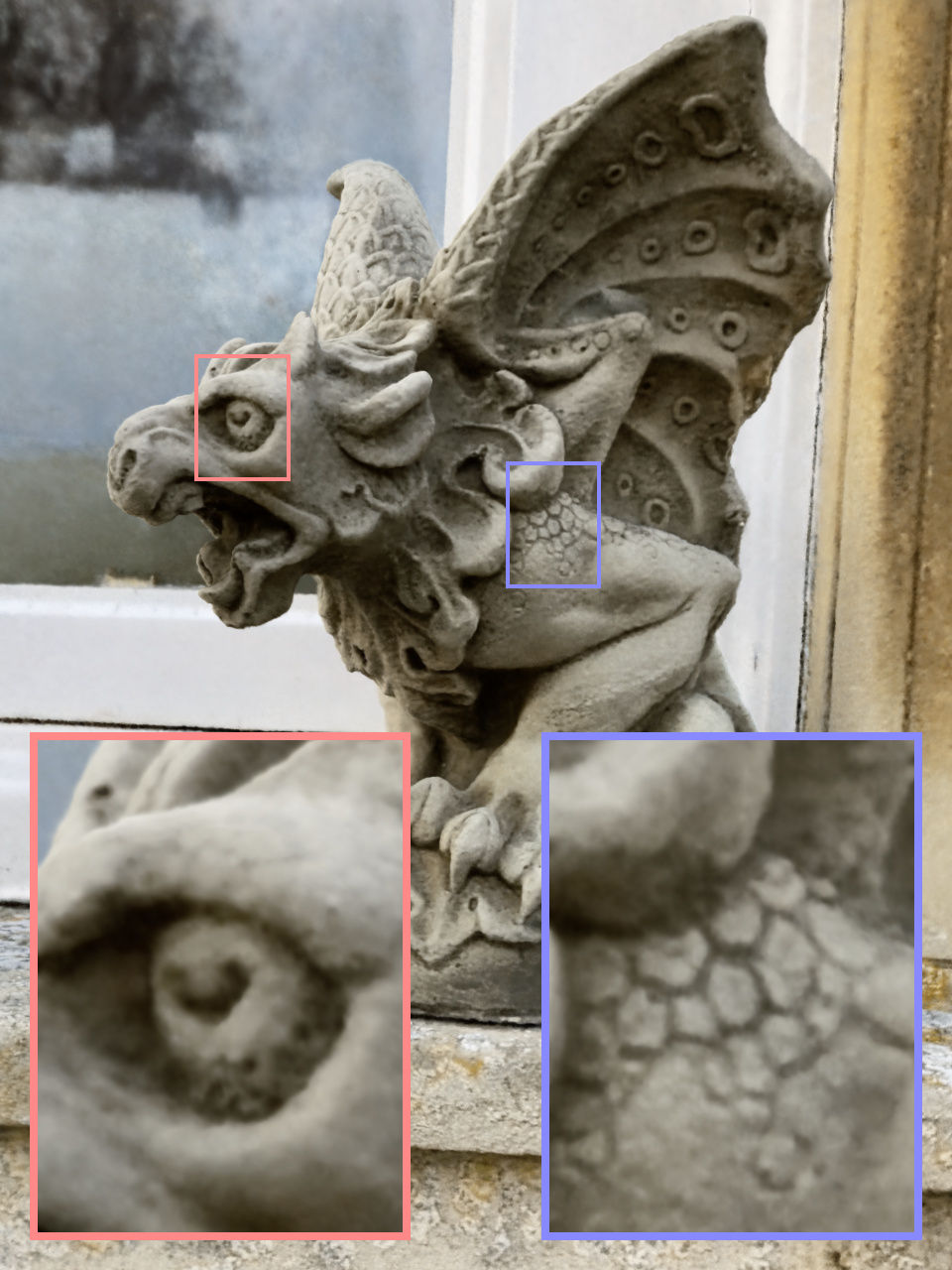 Instant-NGP 重建的石像鬼 (gargoyle),展示多分辨率哈希编码捕获的细节:眼球纹理与鳞片微结构
