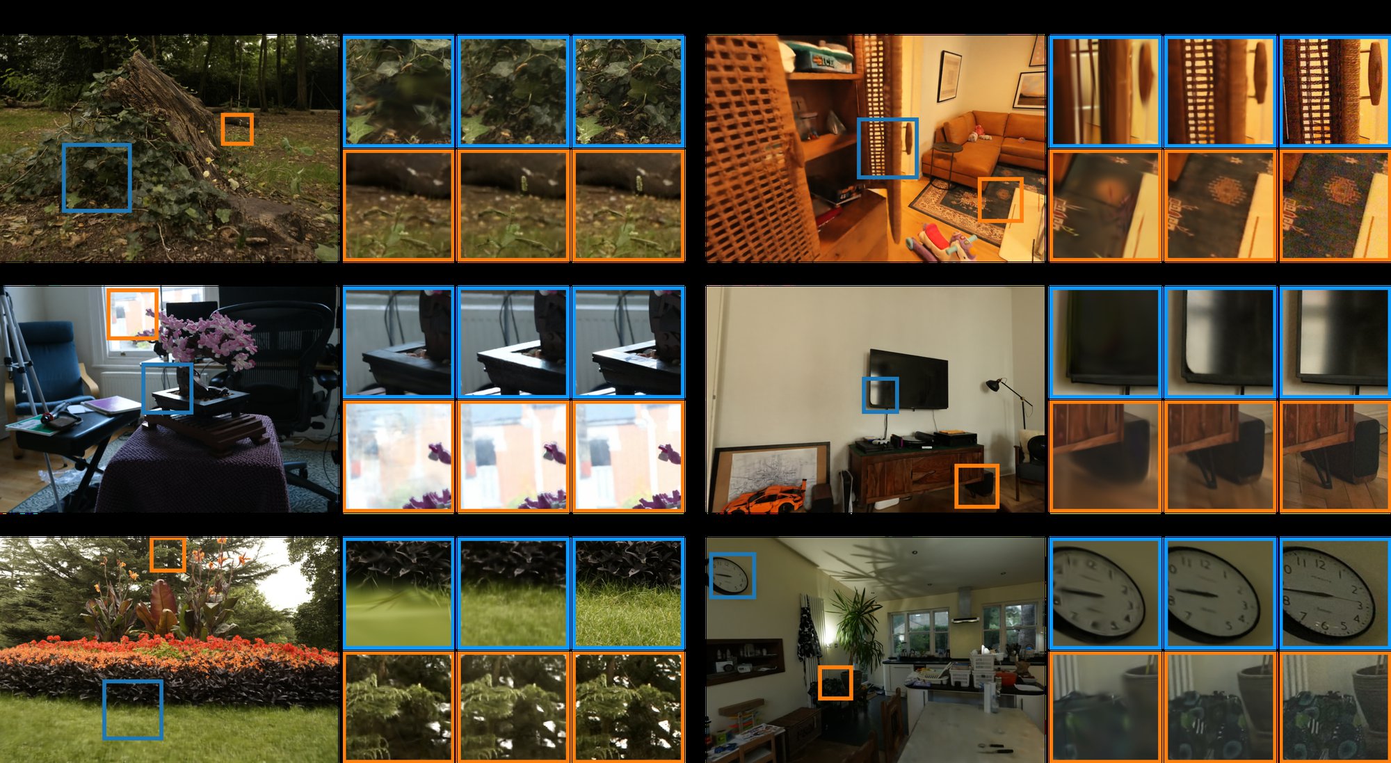 SMERF 与 3DGS 在 mip-NeRF 360 / Zip-NeRF 数据集上质量对比:SMERF 在薄几何、高频纹理、镜面高光上均优于 3DGS