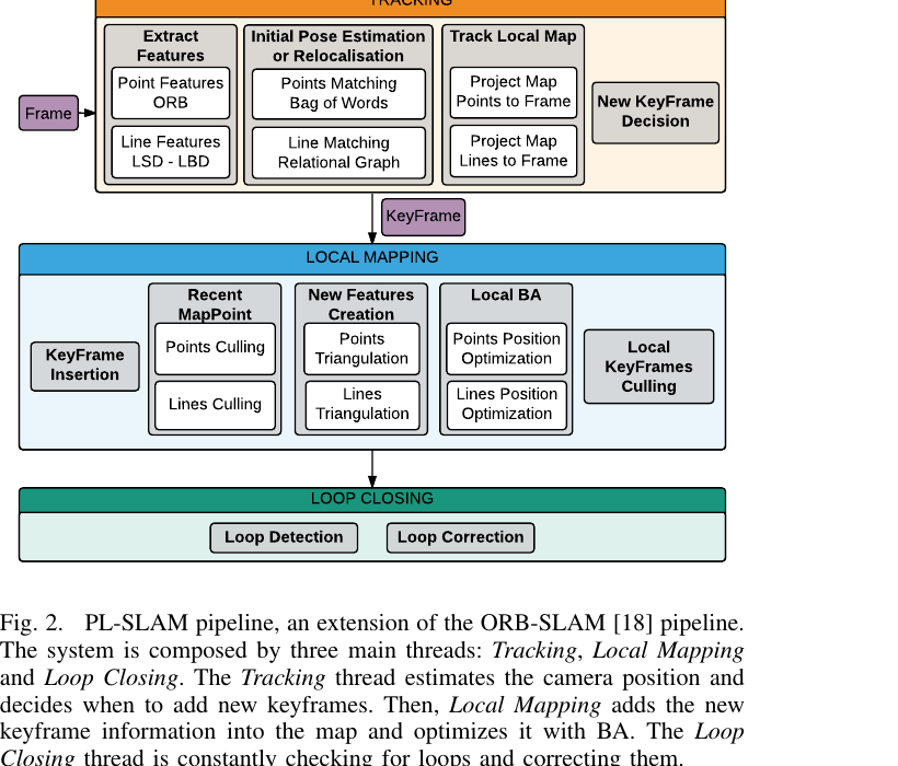 PL-SLAM 三线程框架:Tracking (ORB 点 + LSD-LBD 线) → Local Mapping (点/线三角化 + 联合 BA) → Loop Closing