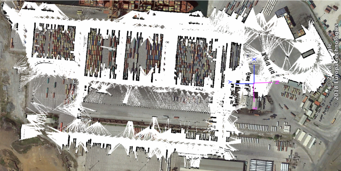 LOGIMATIC 港口场景:载运车(straddle carrier)点云地图 + 集装箱检测(鸟瞰)
