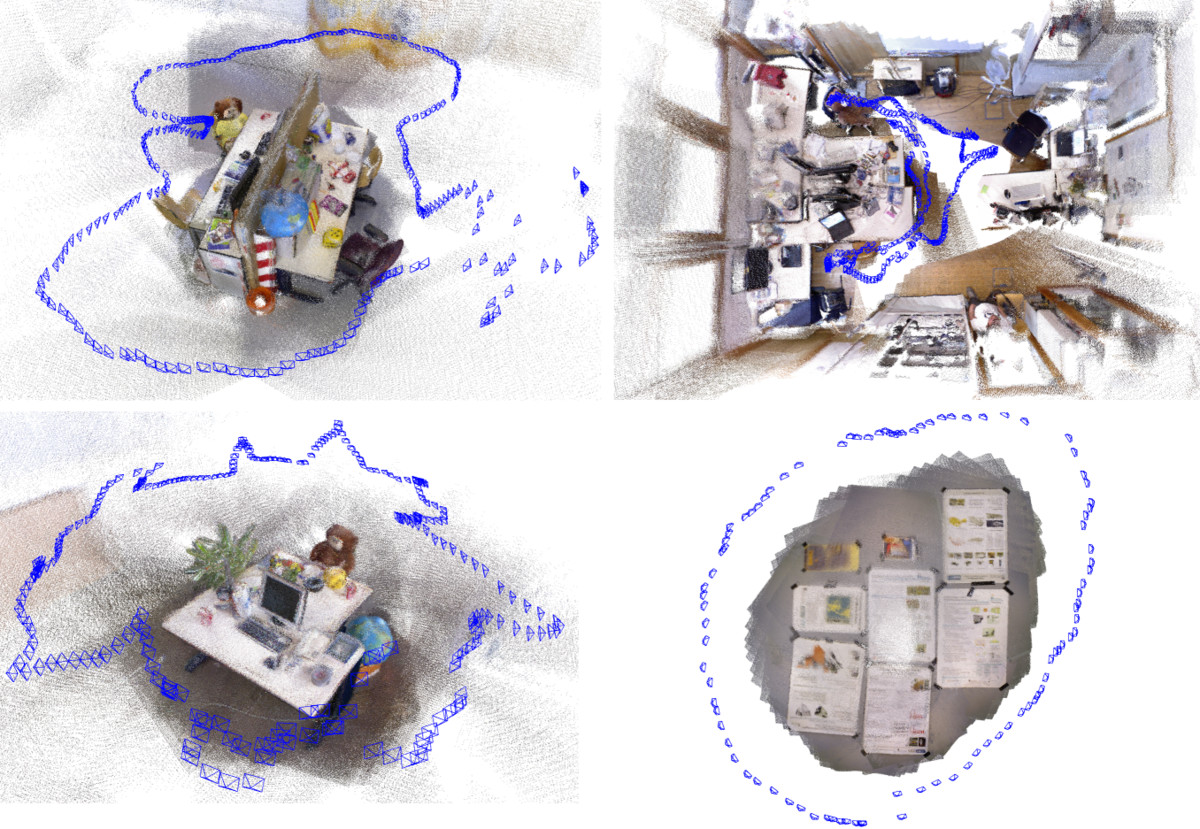 由估计位姿反投影深度图得到的稠密点云 — fr3/office、fr1/room、fr2/desk、fr3/nst (论文 Fig. 7)